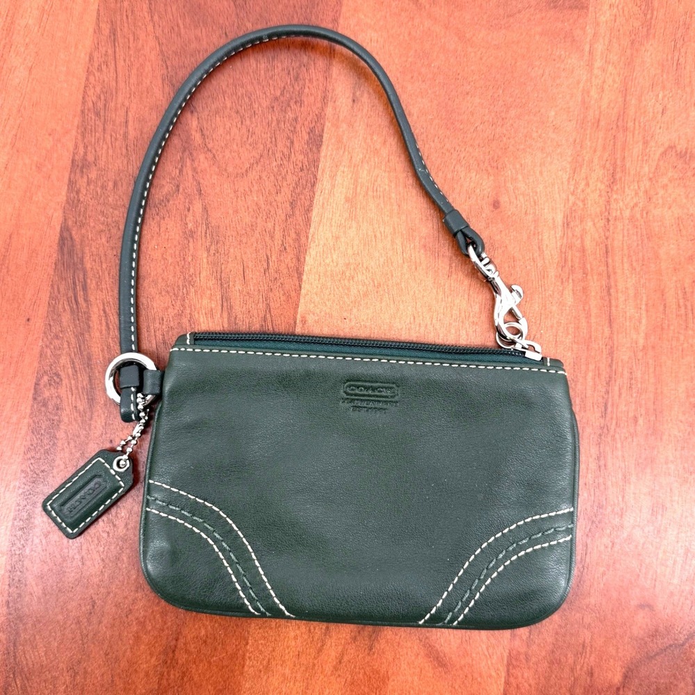 Coach Womens Retro Y2K Dark Green Leather Contrast Stitch Small Bag Wristlet